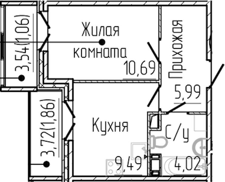 1-комнатная квартира 33.11 м², 2/8 эт., ЖК «SERTOLOVO PARK»